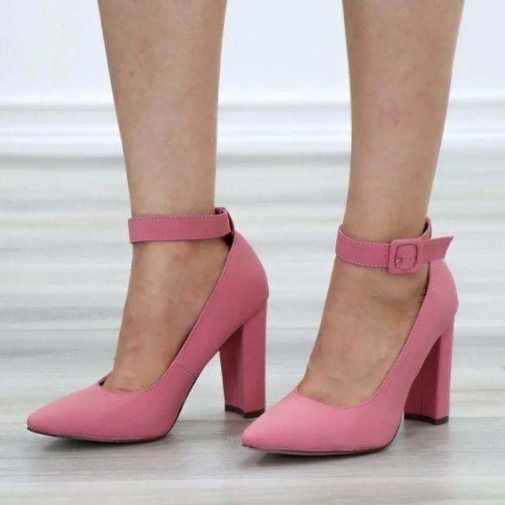 Pink Pointy Toe Ankle Brace Buckle Heels - Picture 7 of 9